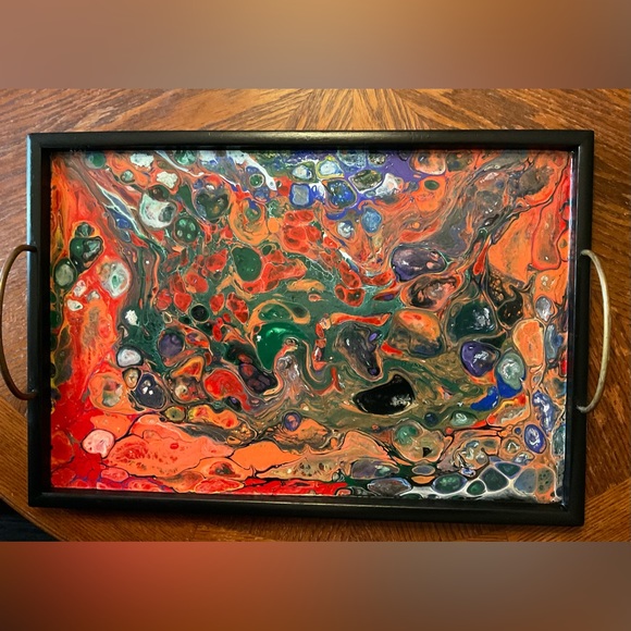 Gorgeous Handmade Original Colorfully Painted Wooden Brass Handle Serving Tray! - Picture 13 of 15